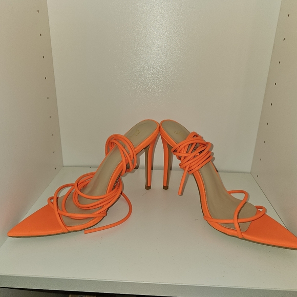 Neon Orange Strappy Sandals 11cm/ 4.33 inch Neon Heel Size 8.5 - Picture 8 of 11